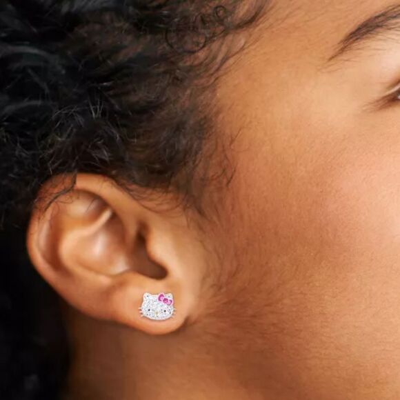 Hello Kitty Fine Silver Plated Logo Studded Crystal Earrings - Picture 4 of 9